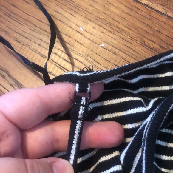 Black and white striped crop tank top with rushing and tie in down the front - Picture 4 of 6